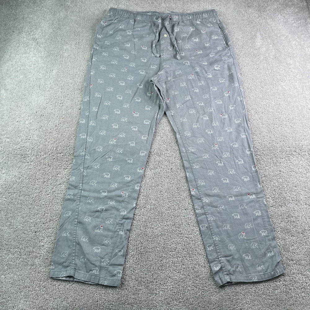 J Crew Pajama Pants Men Large Gray Polar Bear Santa Hat Christmas Sleepwear PJ